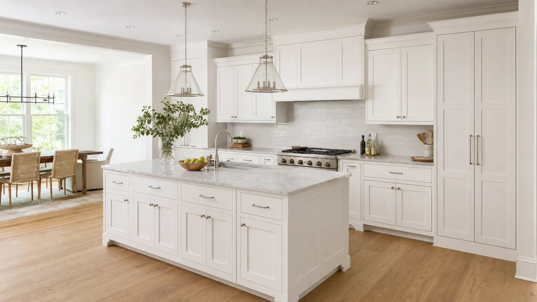 Bright American house kitchen with white shaker custom cabinets, island, tall pantry cabinets, and open dining area