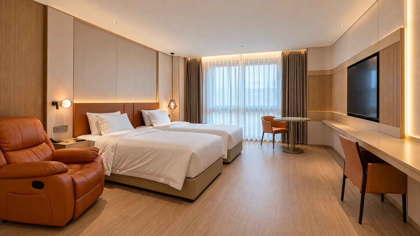 Hotel furniture concept with twin beds, upholstered headboards, a leather lounge chair, a round table and a writing desk