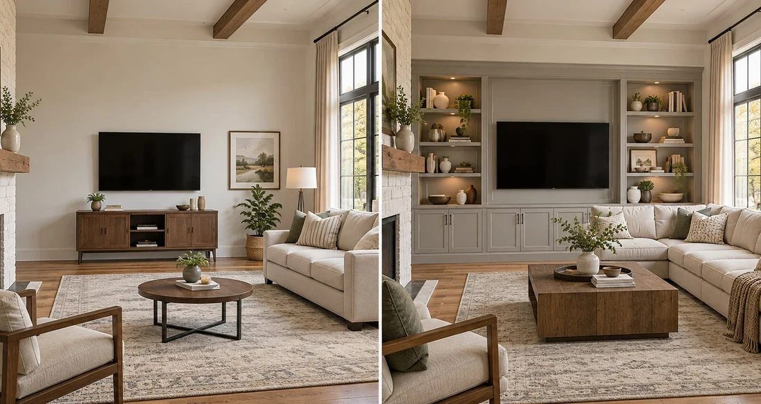Ready-made and custom furniture comparison in an American living room