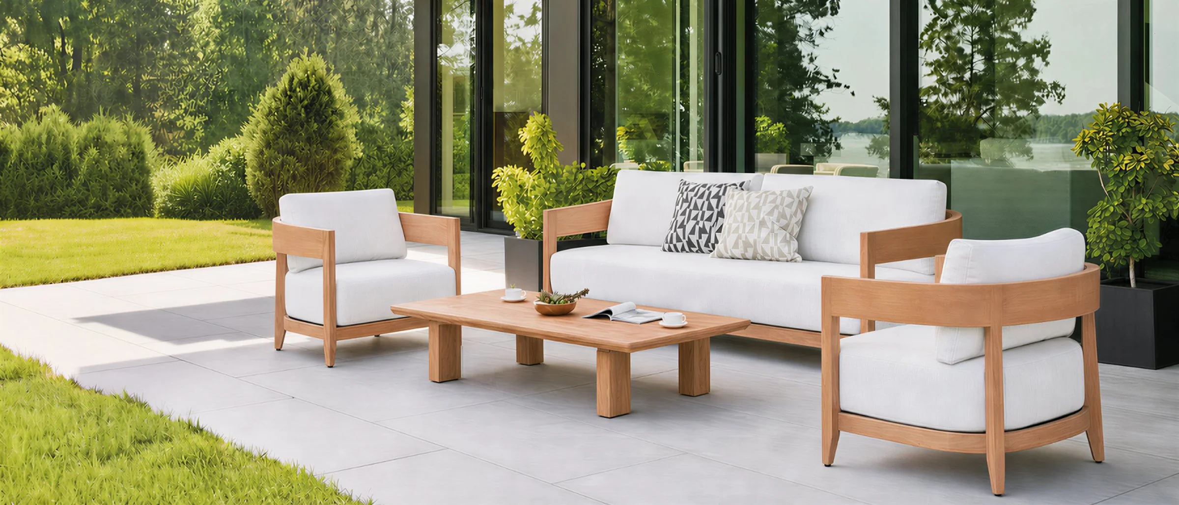 Charcoal aluminium sofa set beside a pool