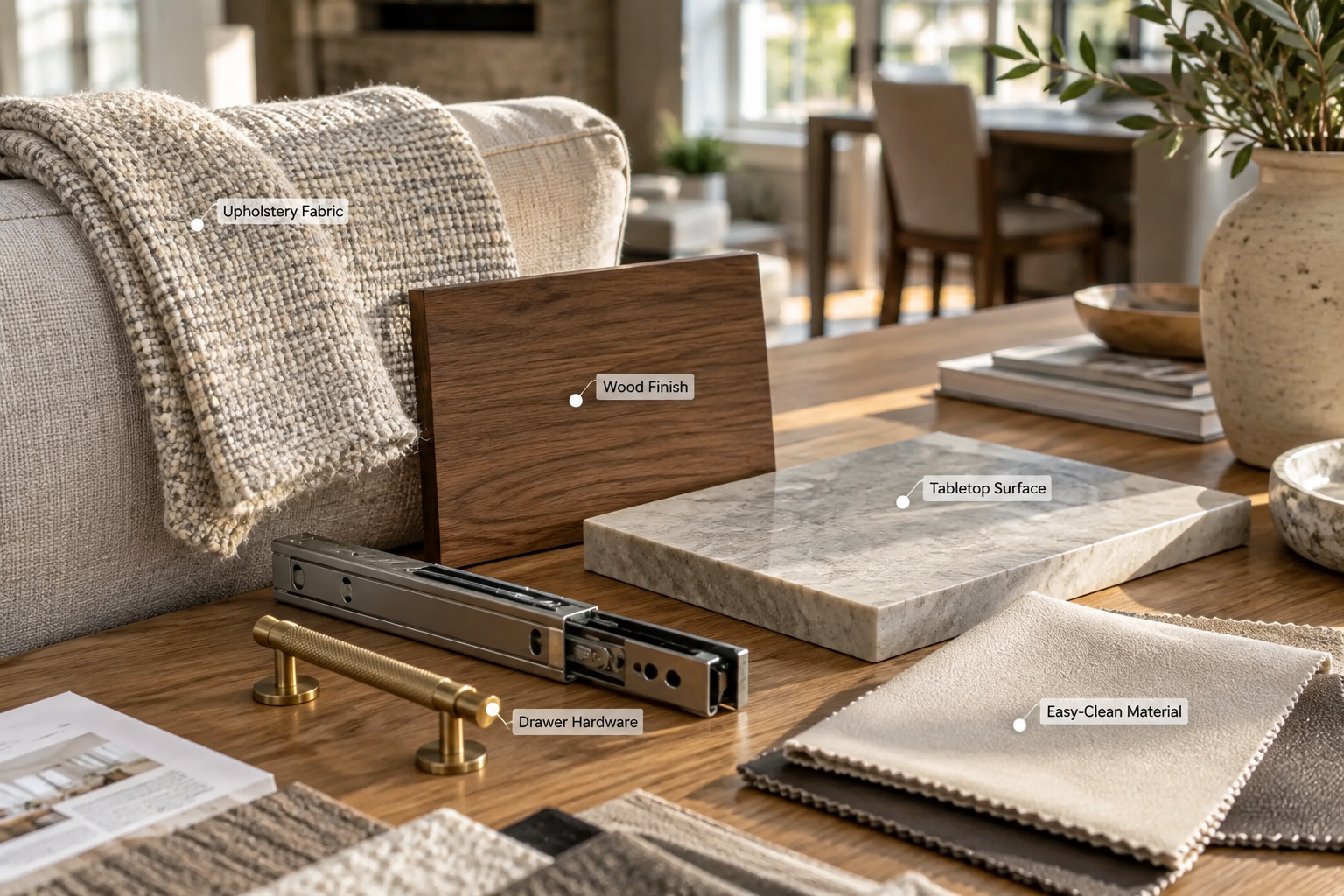 Furniture material selection details including fabric wood tabletop and hardware