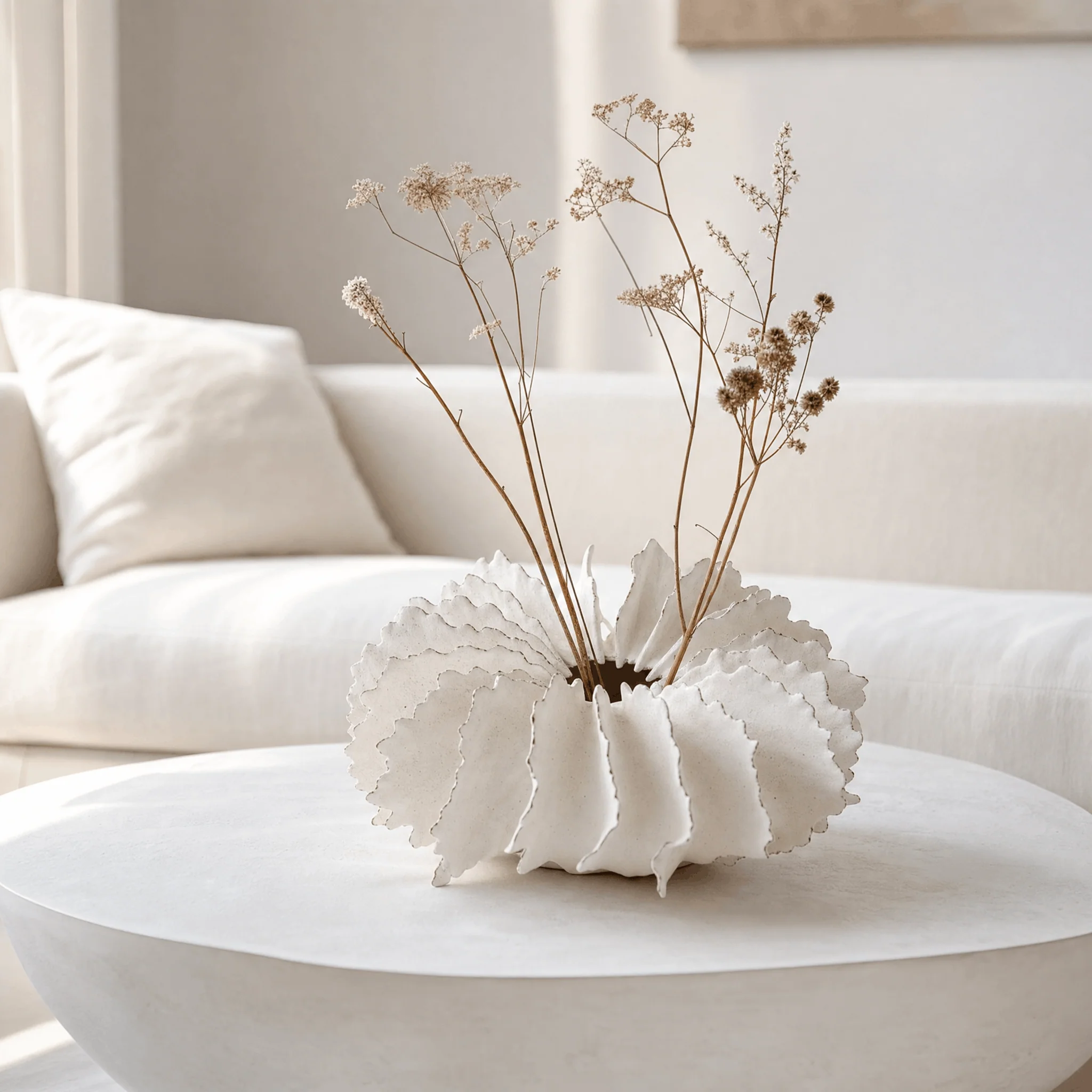 White Ruffled Ceramic Vessel in a finished interior.
