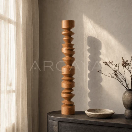 Geometric Wood Totem — styled interior view 1