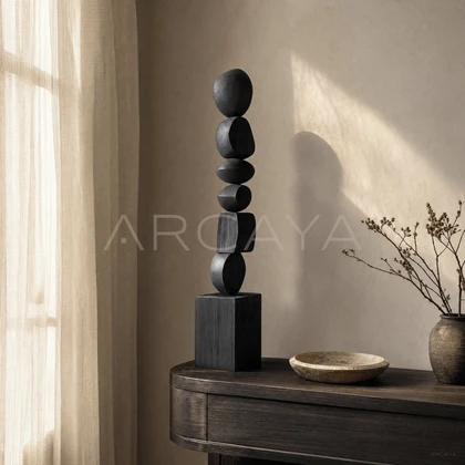 Black Stacked Wood Totem — styled interior view 1