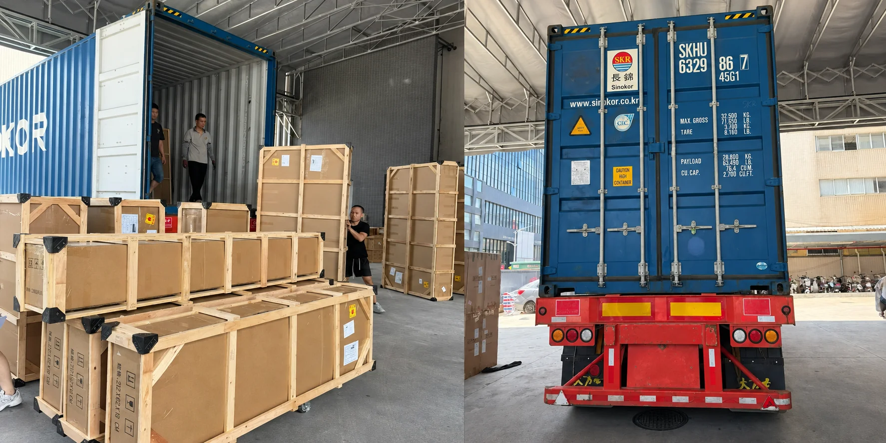 Wooden export crates being loaded into a shipping container