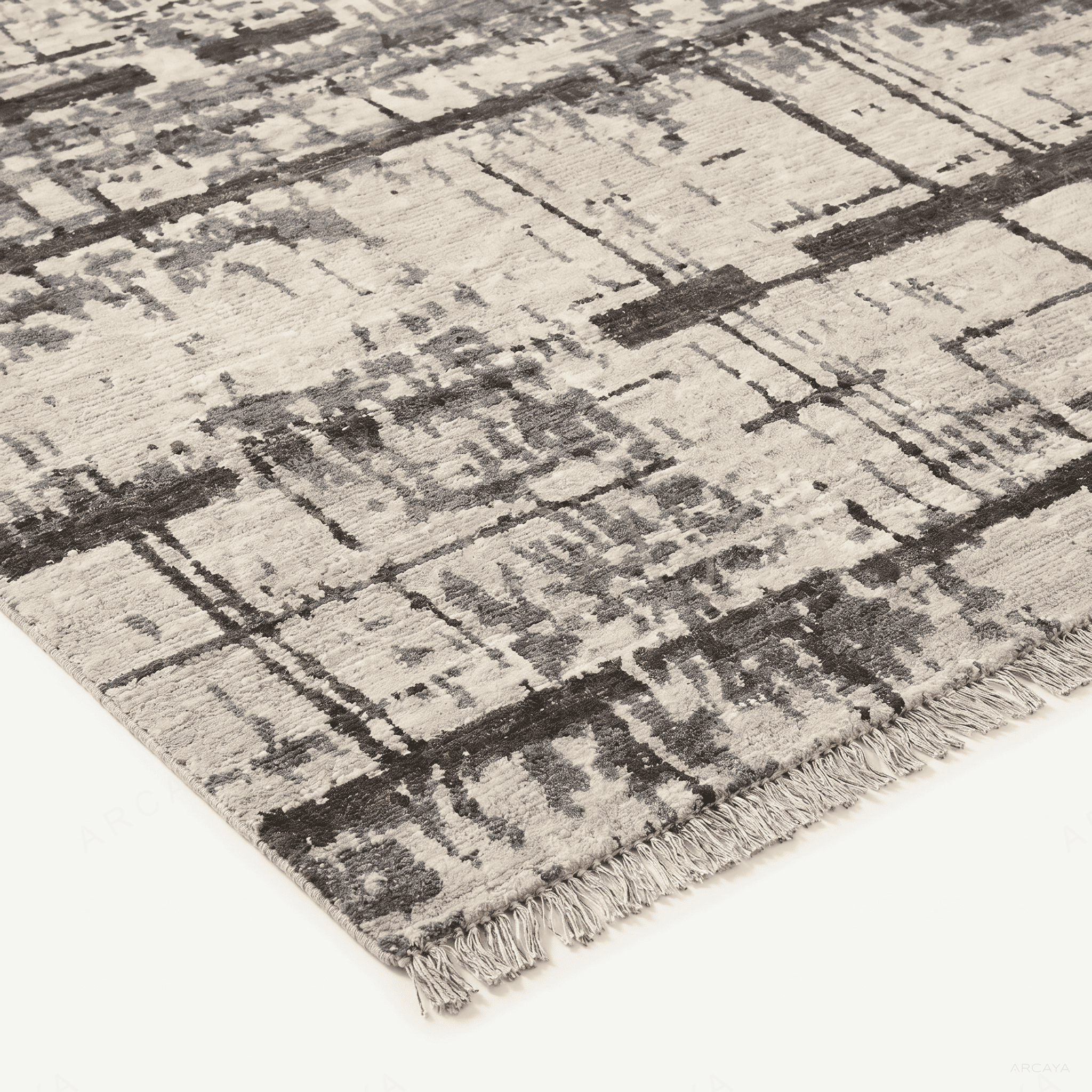 Abstract Grid Pattern Fringed Area Rug
