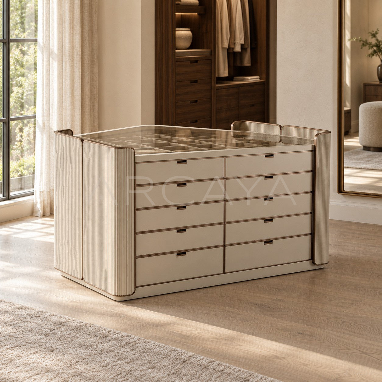 Vertical Stripe Upholstered Vanity Chest