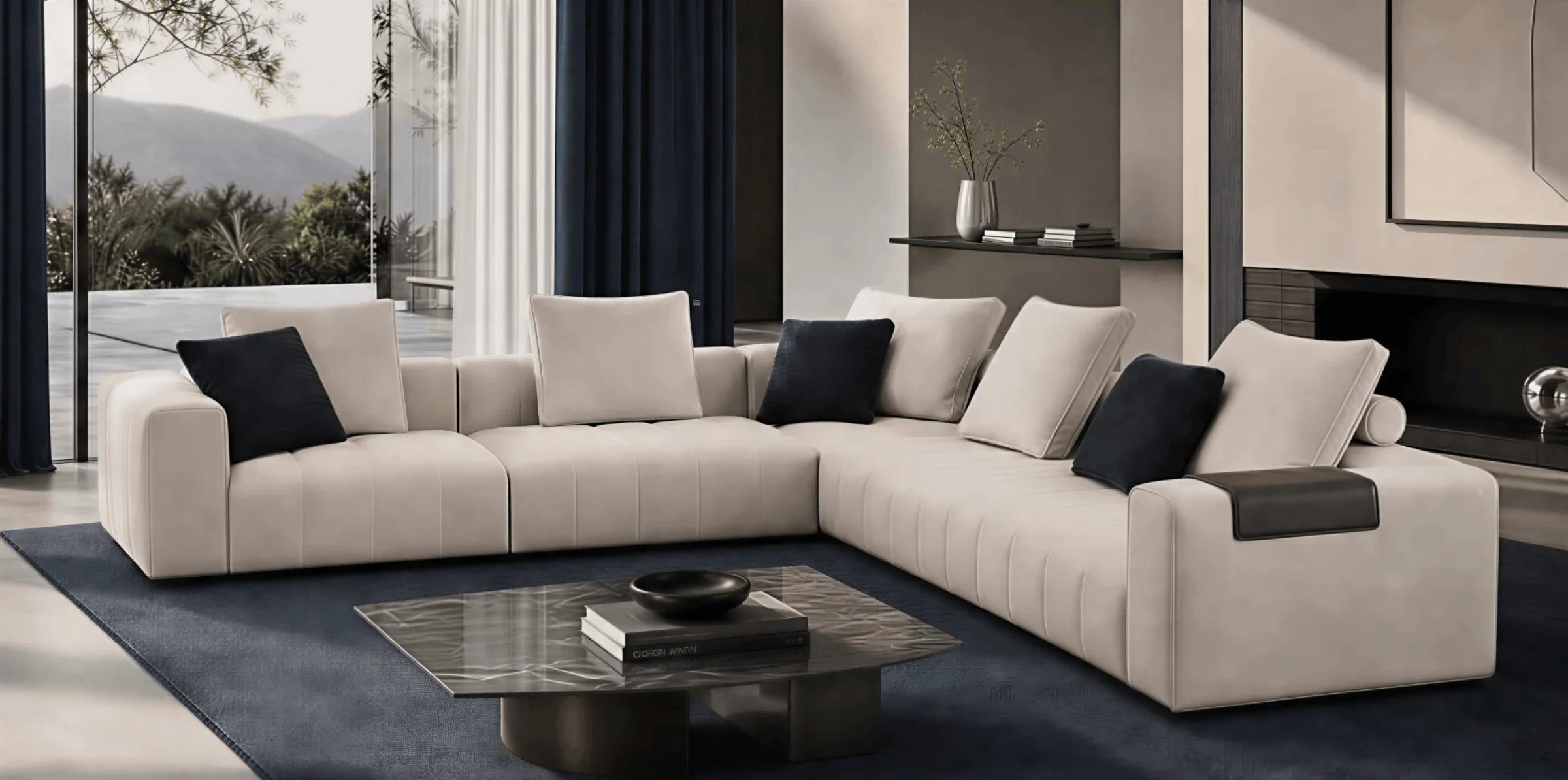 Clean-lined sofa in an open living room