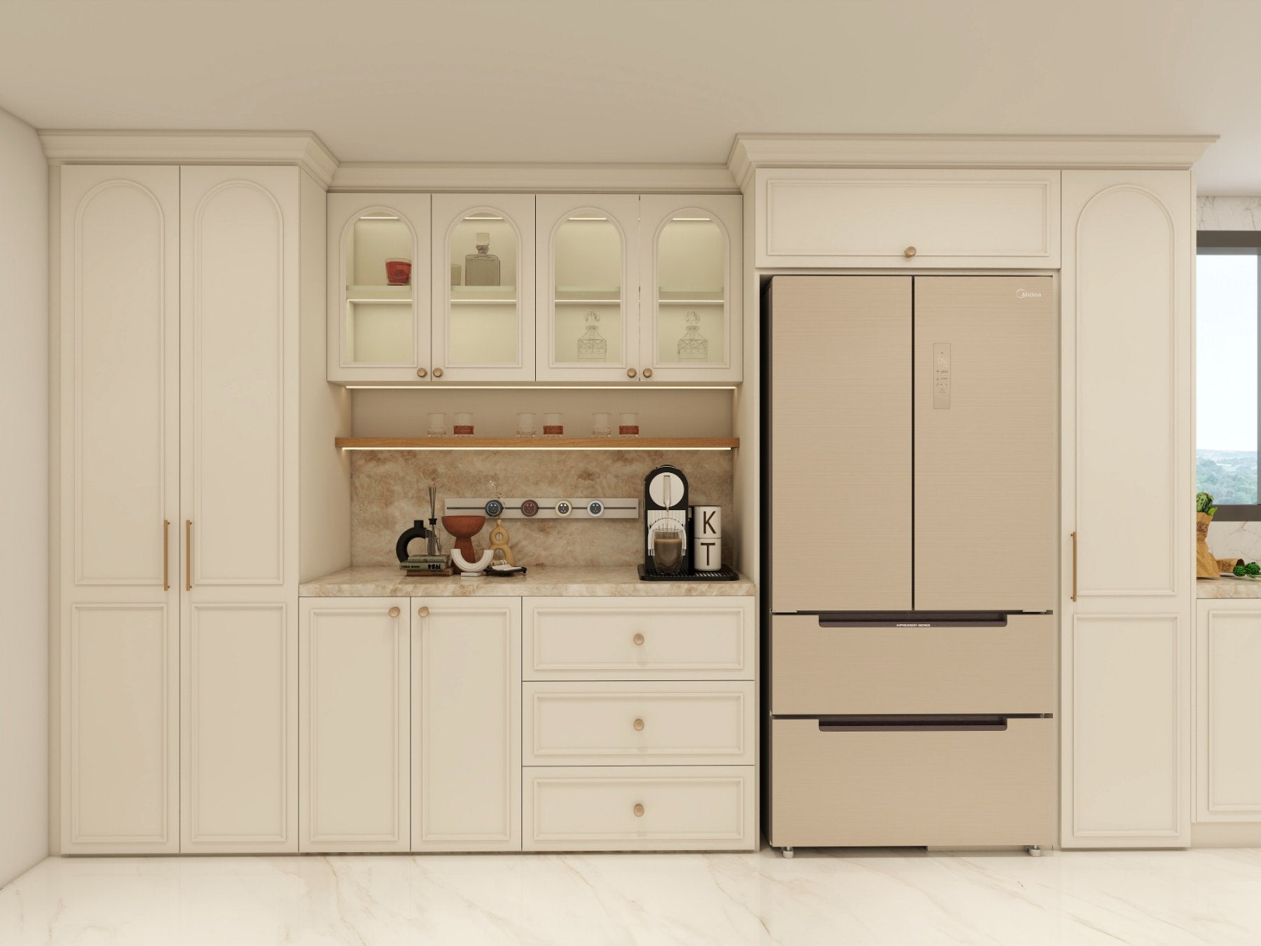 Render of the coffee bar with lit timber shelf, glazed uppers and drawer stack