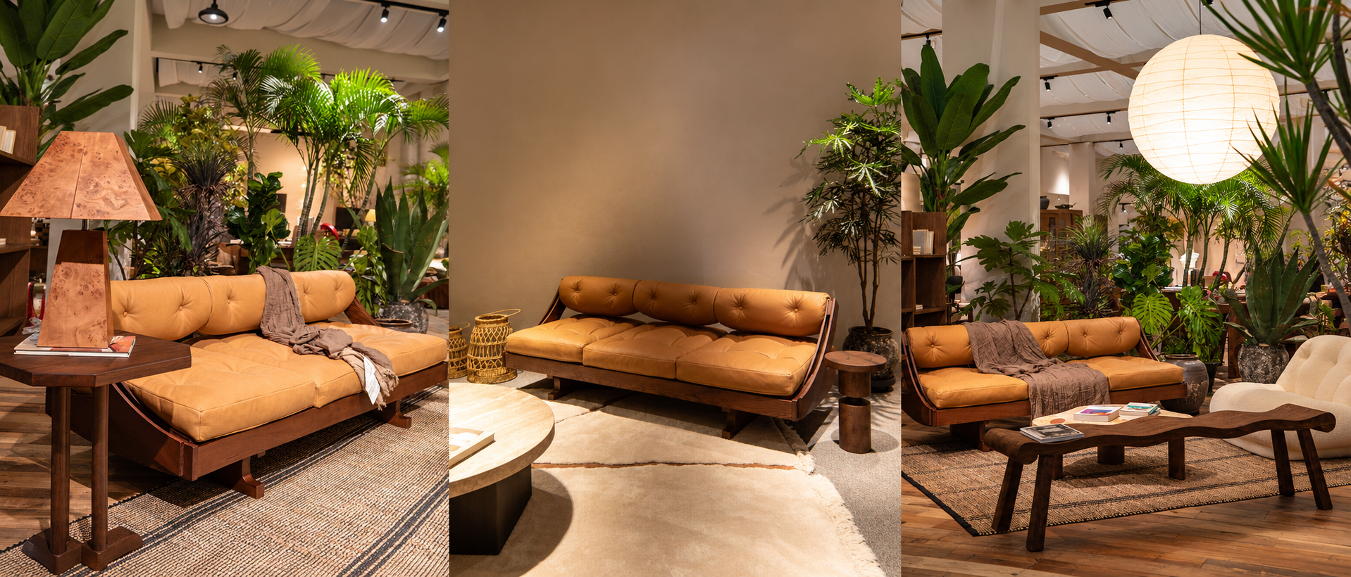 Tan leather sofa with a walnut frame shown in three showroom settings