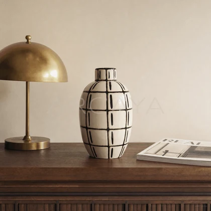 Ivory Grid Ceramic Vase — styled interior view 1