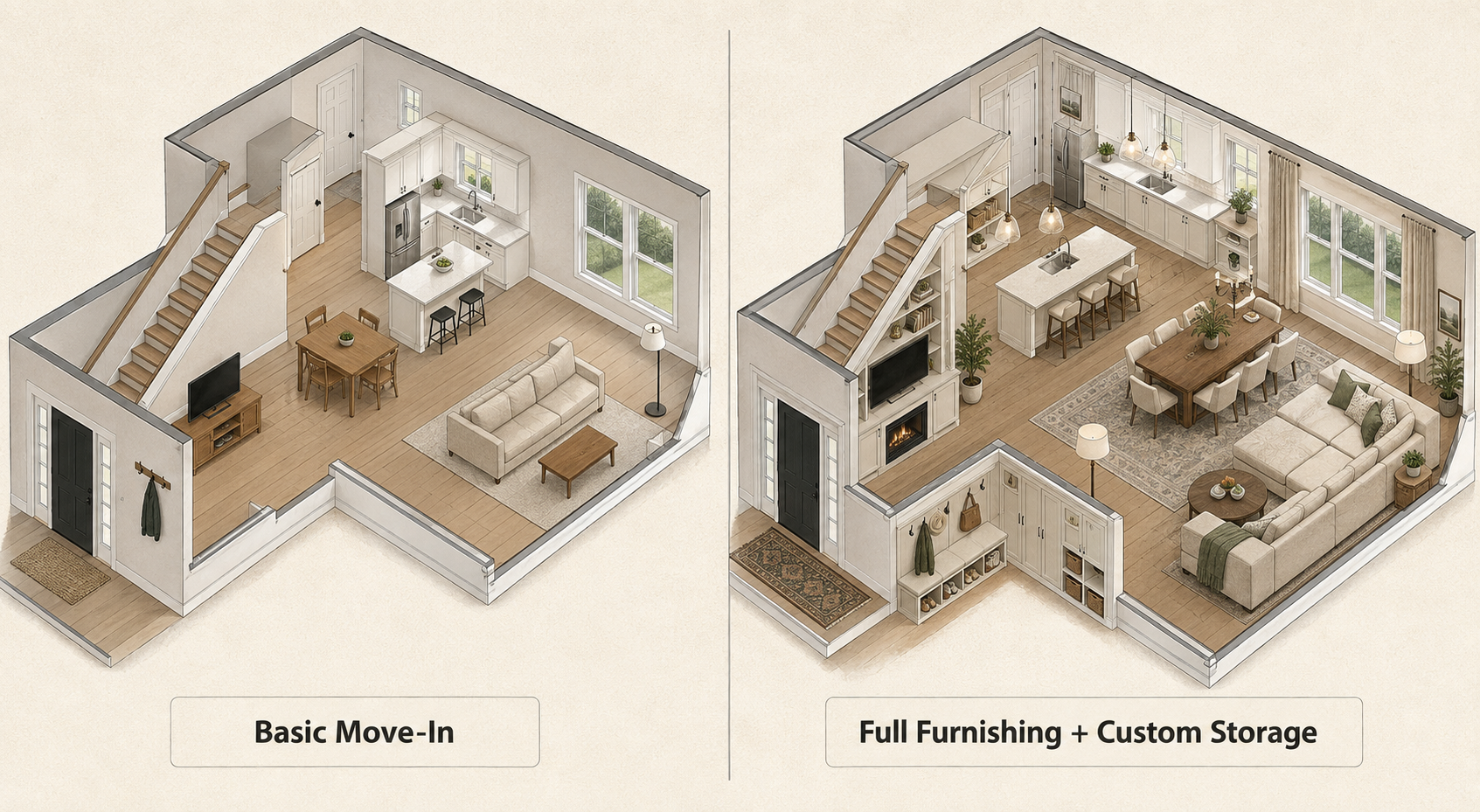 Comparison between a basic move-in furniture plan and a full furnishing plan with custom storage