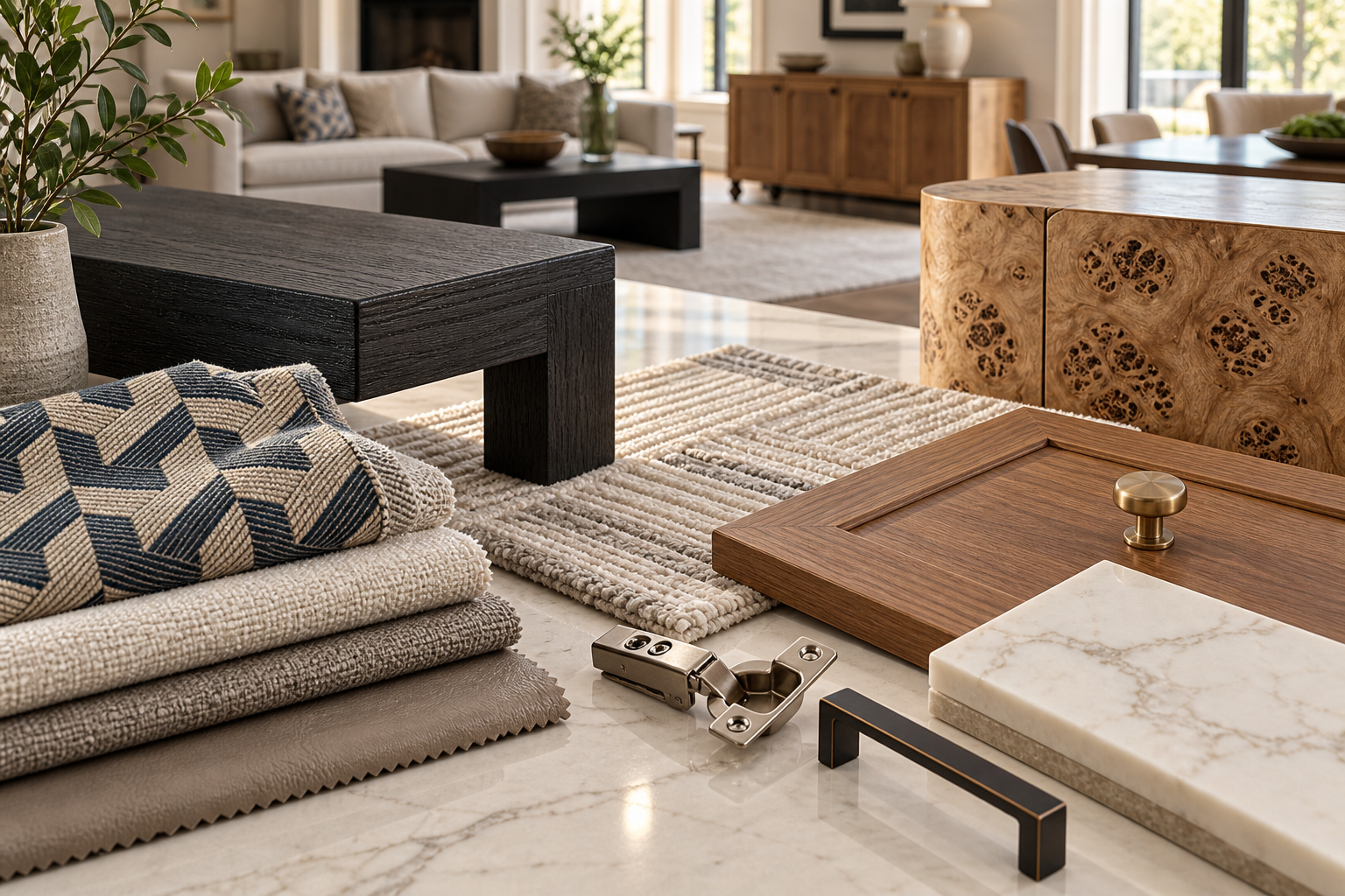 Furniture material details showing upholstery fabric, wood grain, rug texture, cabinet finish, hardware, and stone tabletop