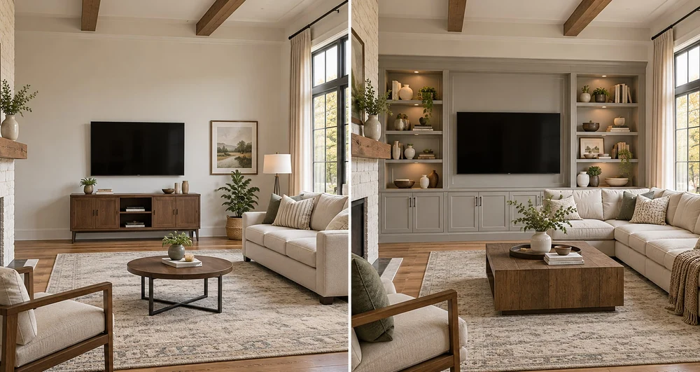 Ready-made and custom furniture comparison in an American living room