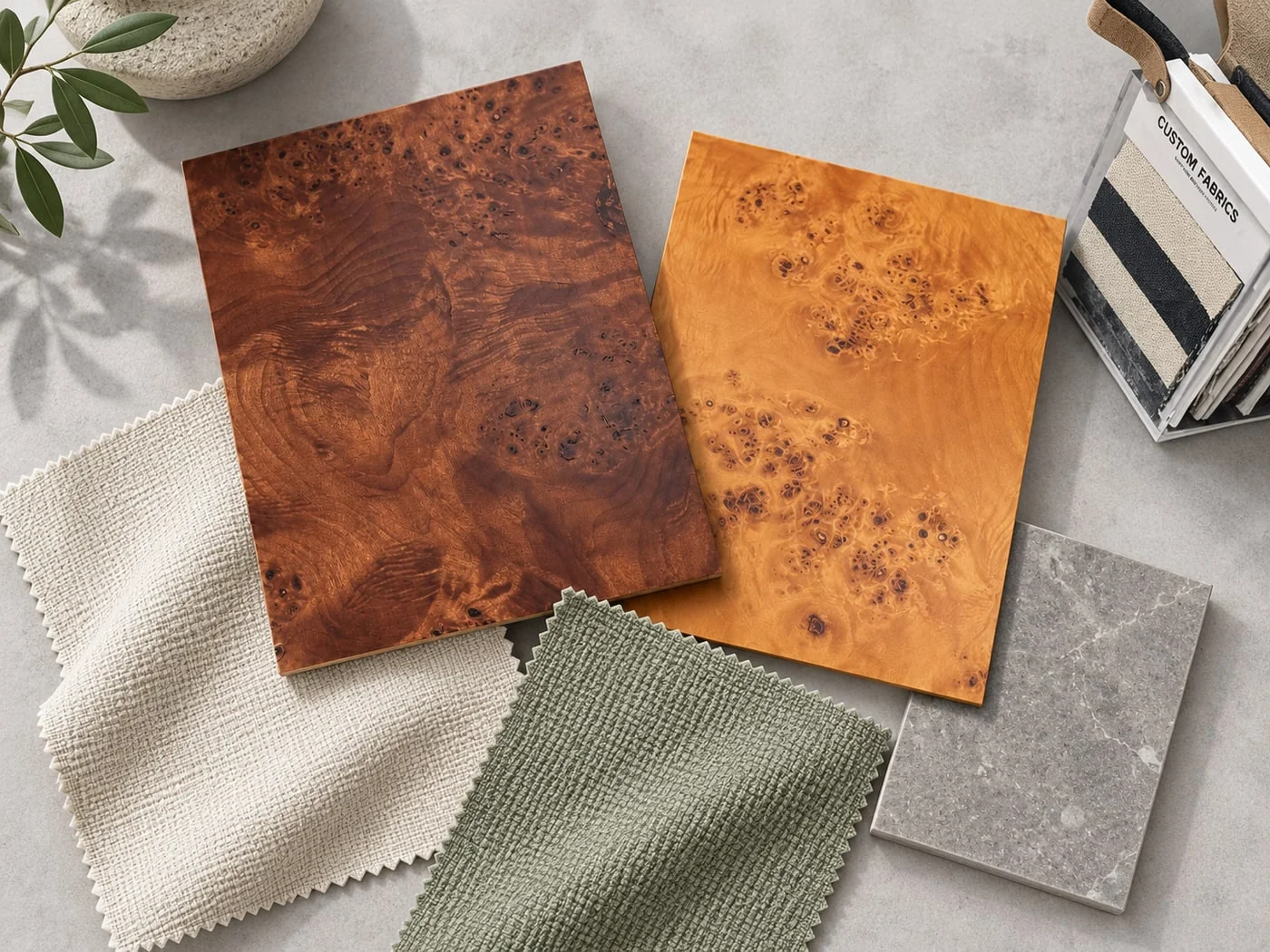 Timber, linen, sage upholstery and stone samples; AI material-coordination concept
