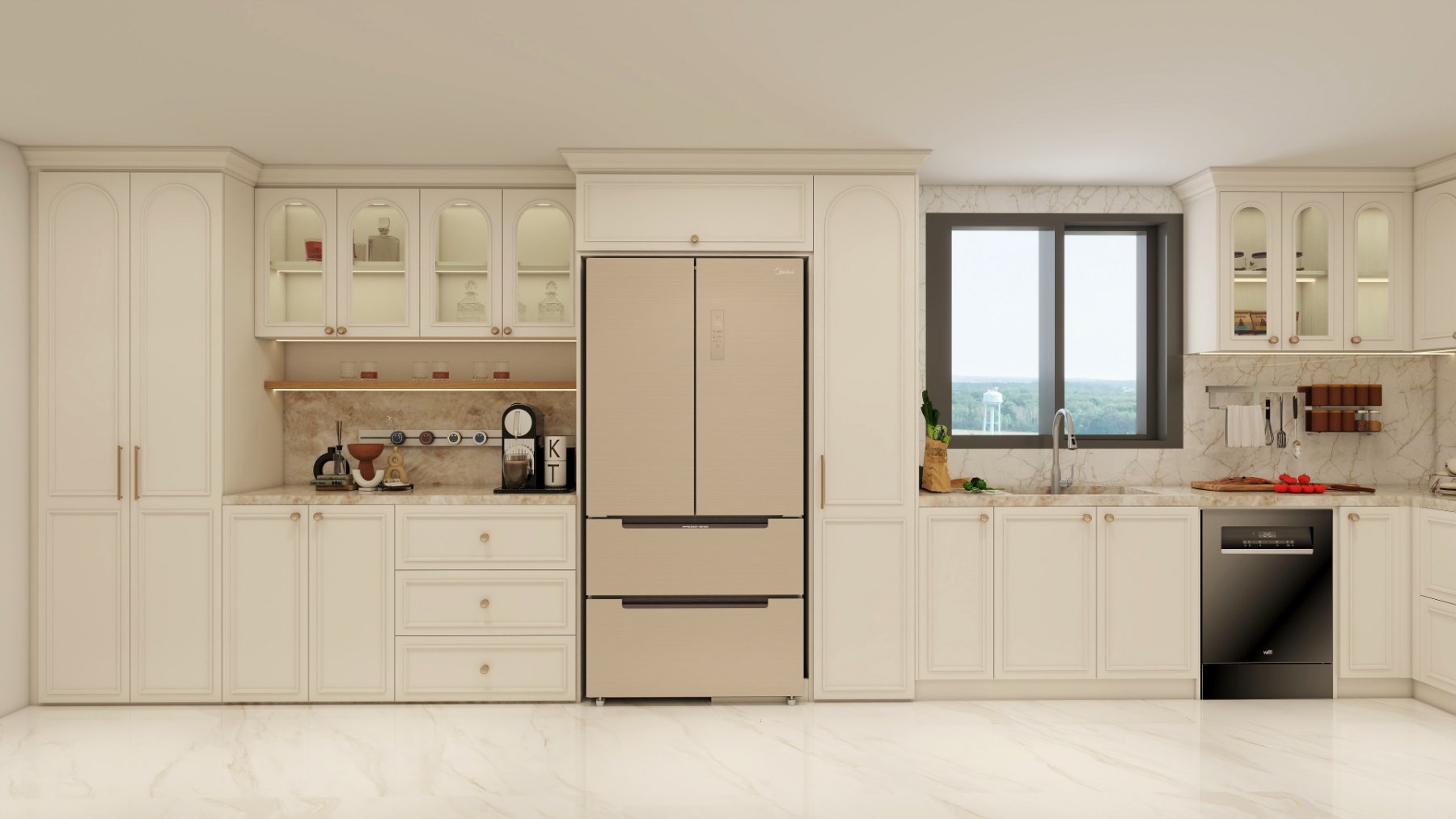Render of the full kitchen elevation with pantry, coffee bar, refrigerator housing and sink run