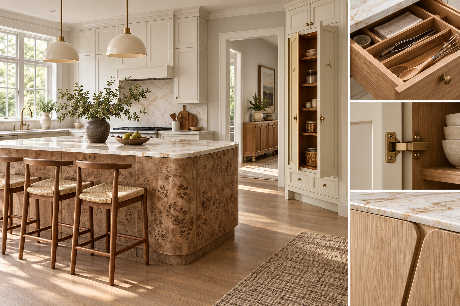 American kitchen with custom cabinets, pantry storage, drawer organization, cabinet hardware, and material details