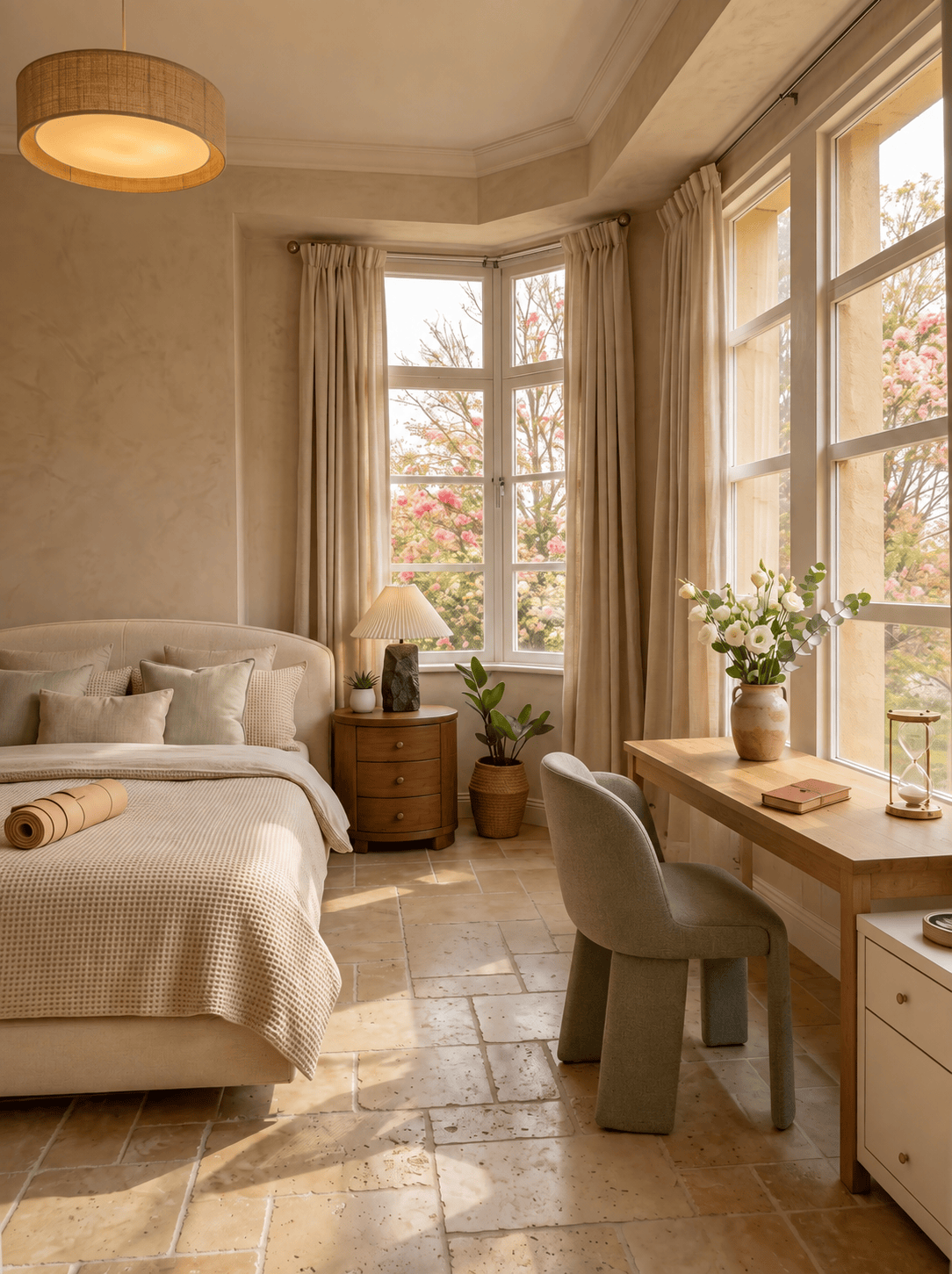 Guest bedroom with bay window workspace