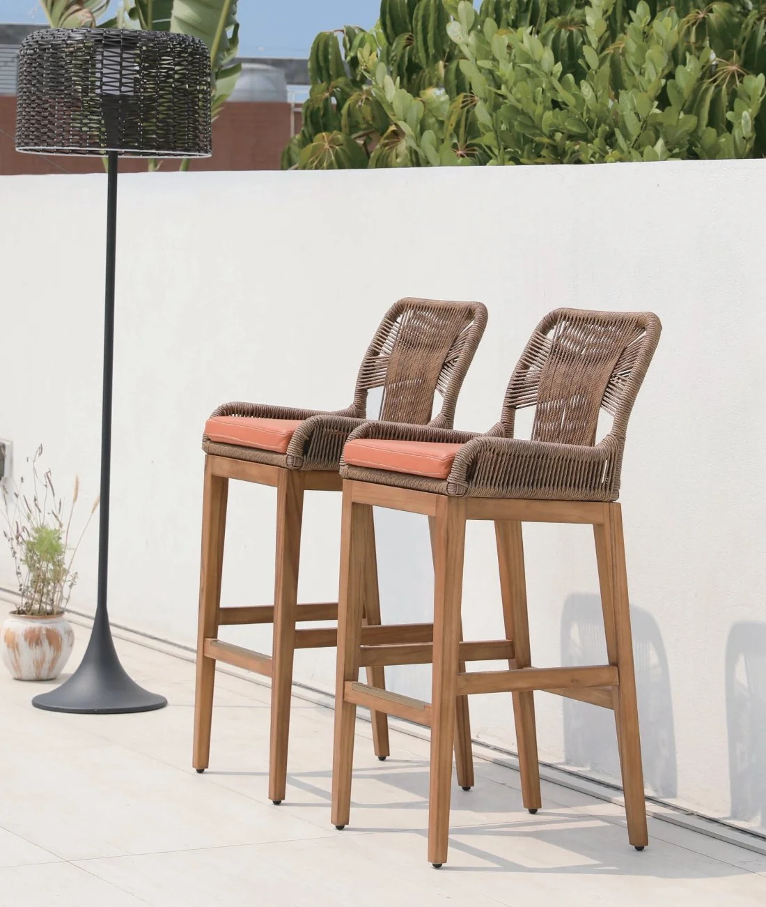 Pair of rope-back teak bar stools