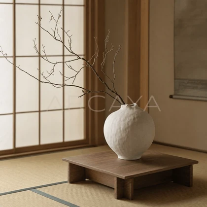 White Textured Ceramic Jar — styled interior view 1